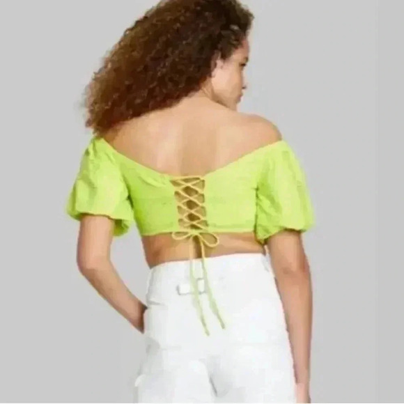 Wild Fable Puff Sleeve Keyhole Lace Up Back Crop Top - Picture 3 of 8